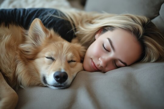 A woman is sleeping with her dog on a bed. The dog is laying on the woman's chest