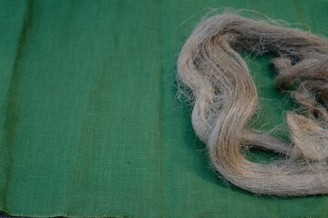 Flax bast fiber. Fibers of natural uncolored flax on the green linen canvas fabric. Copy space. 