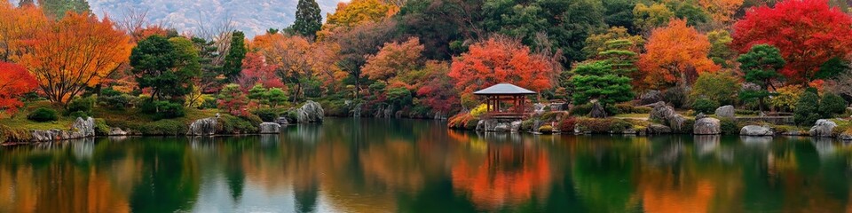 A beautiful autumn scene with a pond and trees. The water is calm and the trees are full of leaves