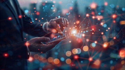 A professional interacts with a glowing device, immersed in a vibrant digital network amidst a cityscape during twilight