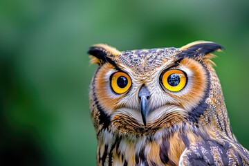 Fototapeta premium A stunning close-up of an owl, showcasing its vibrant eyes and intricate feather patterns against a blurred green backdrop.