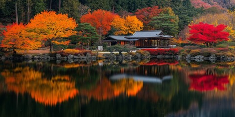 A house sits on a lake with trees in the background. The water is calm and the trees are full of autumn leaves