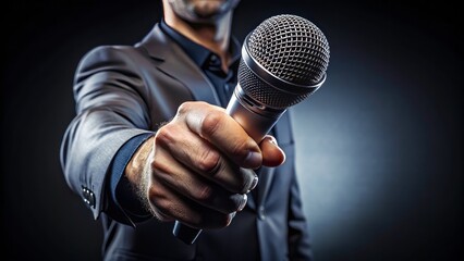 A sleek, modern microphone is firmly grasped in a confident hand, poised and ready to amplify a powerful voice or melodic sound.