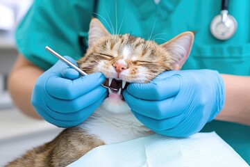 A veterinarian conducts a dental check-up on a cat, ensuring dental health with precision and care.