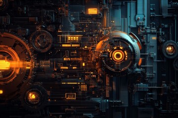 Obraz premium Futuristic technology background with intricate mechanical and electronic components glowing with vibrant orange and blue hues.