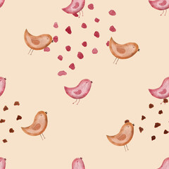 Childrens cute seamless pattern with pink and brown birds and points. Handmade watercolor illustration on pink background. For design, textile