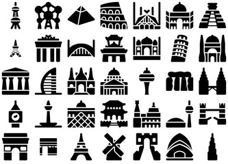 Mega Set Of Vector Landmarks Solid Isolated Silhouette Solid Icons With Tower,Building,Landmark,Mosque,China Set Vector Flat Line Icons