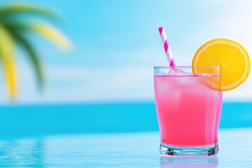A vibrant pink tropical drink served with a slice of lemon, perfect for summer or beach-themed events.