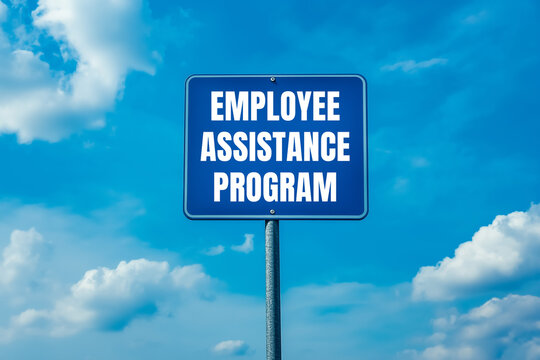 Employee assistance program message written on blue road sign with cloudy sky background. Conceptual employee assistance program symbol. Copy space.