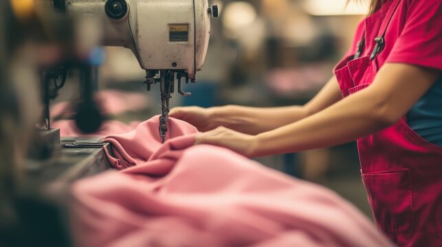 A dedicated worker crafts fabric at a busy sewing station in the workshop