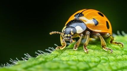 Fototapeta premium Close-up macro shot of a ladybug on a leaf with fine details of its shell and antennae