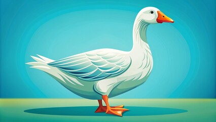 A stylized illustration of a white goose in a bold, modern design, symbolizing migration, family, and community, with clean lines and vibrant colors.