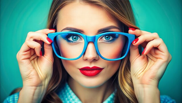 A trendy woman's hands hold stylish glasses with bright blue frames, gazing intently through the lenses with a curious and thoughtful expression.