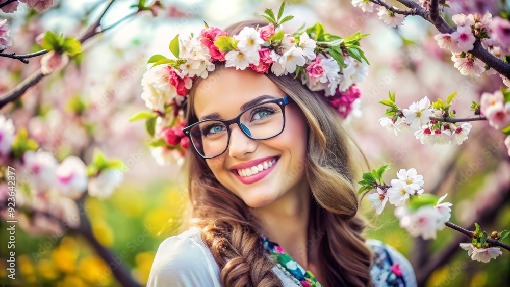 Wall mural attractive young woman wearing trendy glasses and floral crown, smiling brightly amidst vibrant bloo