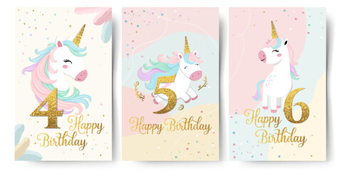 Set of Happy birthday cards with cute unicorn and golden numbers 4 5 6. Gentle templates, frames. Golden horn © Hanna ArtLab