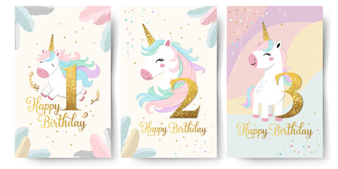 Set of Happy birthday cards with cute unicorn and numbers 1 2 3. Gentle templates, frames. Golden horn © Hanna ArtLab