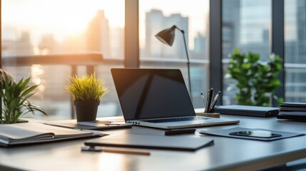 Fototapeta premium Modern office workspace with a laptop, stationary, and plants on a desk, with large windows and city skyline view in the background.