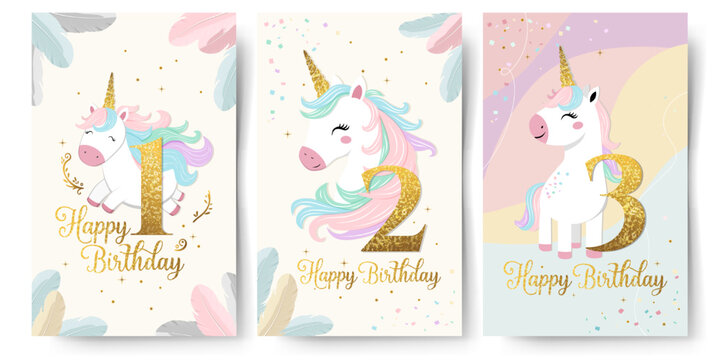 Set of Happy birthday cards with cute unicorn and numbers 1 2 3. Gentle templates, frames. Golden horn