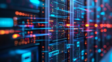 Modern server rack with colorful data connections in a data center, representing advanced technology and network infrastructure.