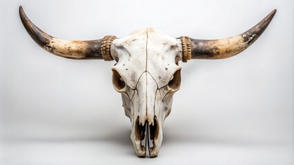 A weathered cow skull rests on a pristine white background, its hollow eyes and worn horns evoking a sense of rustic, rural nostalgia.