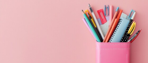 Fototapeta premium Pink Case with Various Writing Utensils and a Notebook
