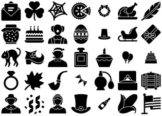 Set Of Holidays Vector Symbols Apps, Websites Ui Designs Suitable For Celebration,Halloween,Holiday,Party,Christmas Simple Black Style Symbol Sign For Apps And Website, Vector Illustration