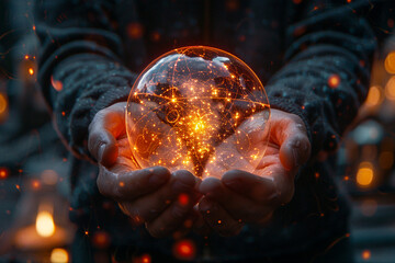 Hands cradle luminous sphere symbolizing atomic energy amidst serene twilight backdrop