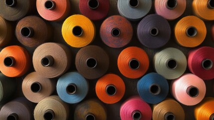 A beautiful collection of colorful spools stacked together in creative harmony