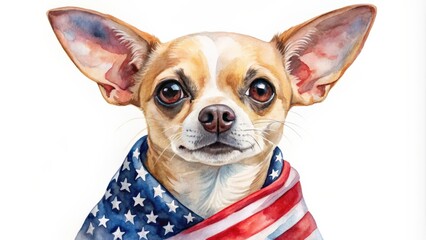 Patriotic watercolor of a Chihuahua dog with American flag bandana, Chihuahua, dog, watercolor
