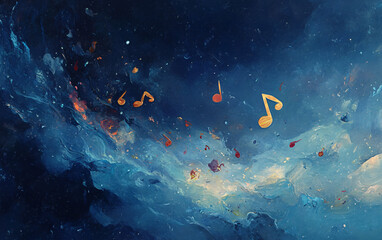 Fototapeta premium Abstract musical notes in creative forms, featuring ethereal smoke, fluid water effects, and cosmic-inspired elements in a minimalist and artistic representation of melody and sound symbols