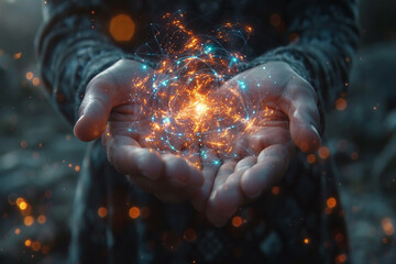 Hands hold vibrant representation of atomic energy against enchanting natural backdrop