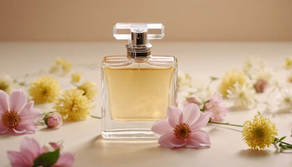 a bottle of perfume against the backdrop of a summer landscape. warm floral summer scents.  ai generated