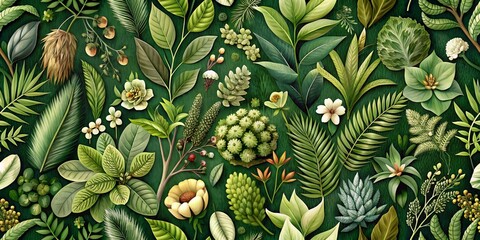 Obraz premium Botanical Flourish: Lush, Verdant, Botanical Patterns, Olive Greens, Nature