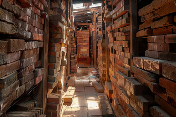 Fototapeta premium Narrow pathway lined with stacks of bricks illuminated by sunlight streaming through roof