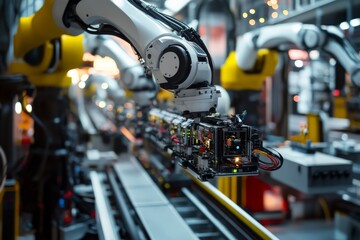 Fototapeta premium Robotic arms in an industrial production line showcasing advanced manufacturing technology and automation in a factory setting.