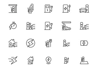 Car charging station icon set. Simple outline style. EV, electric socket station, car plugged to charge, battery, technology concept. Thin line symbol. Vector illustration isolated.