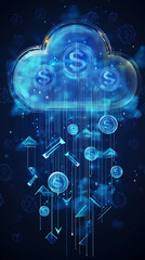 Abstract digital cloud with arrows up and down and dollar coins tower, concept to the invest and use of modern resources. Futuristic hologram in blue, created with generative AI technology 