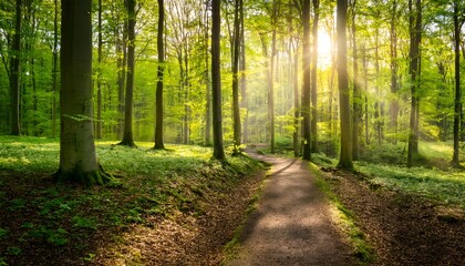 Obraz premium footpath in the green forest with sunrise 