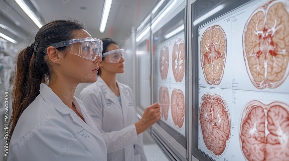 Poster Researchers in lab coats examine brain scans displayed on screens while discussing findings in a well-lit laboratory.