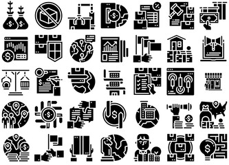 A Collection Of Global Business Black Isolated Silhouette Solid Icons With Money,Product,Global,Business,Finance Vector Icons Illustration Collection