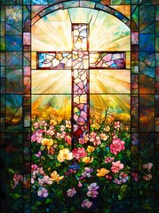 Handmade Stained Glass Window with Large Cross and Vibrant Floral Design