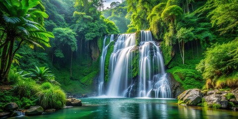 Fototapeta premium Waterfall cascading through lush green jungle landscape , Waterfall, cascading, dense, green, jungle, landscape, nature