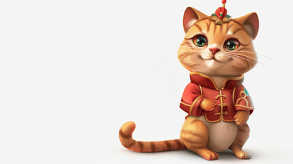 A cute cartoon cat wearing a red Chinese outfit smiles for the camera