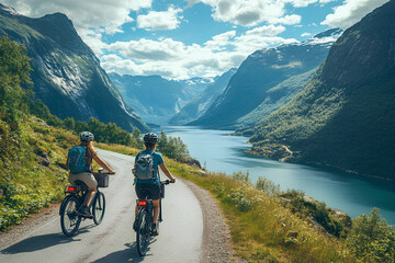 Fototapeta premium Three friends on electric bicycles enjoying a scenic ride through beautiful mountains, 3d rendering, generative ai