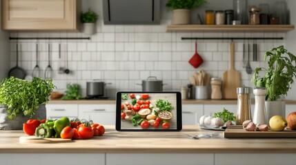 Modern Kitchen with Tablet Streaming Cooking Tutorial, Fresh Ingredients & Utensils for Culinary Inspiration