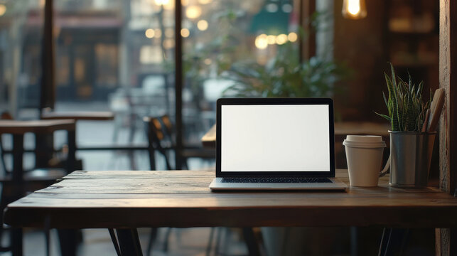 Wooden table with a blank laptop screen in a chic coffee cafe environment, ideal for adding your promotional text.