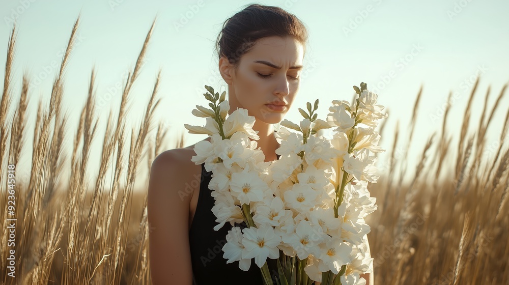 Wall mural woman holding white flowers in a golden field during sunset