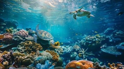 Fototapeta premium Stunning underwater scene with coral formations and sea turtles