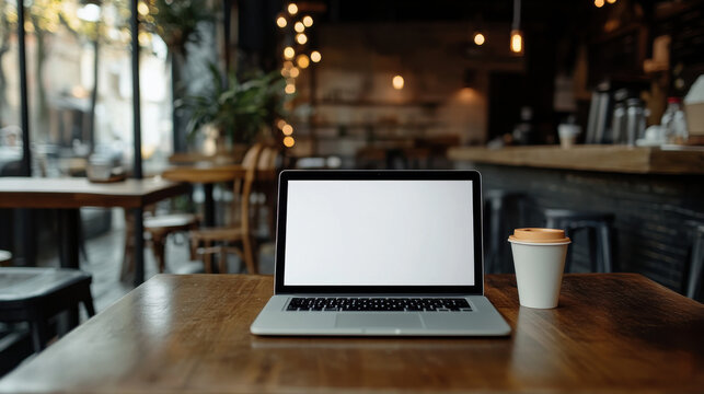Wooden table with a blank laptop screen in a chic coffee cafe environment, ideal for adding your promotional text.
