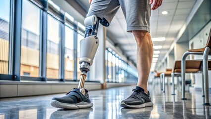 Close-up of a modern prosthetic leg attached to a patient's residual limb, showcasing advanced medical technology and innovative design.